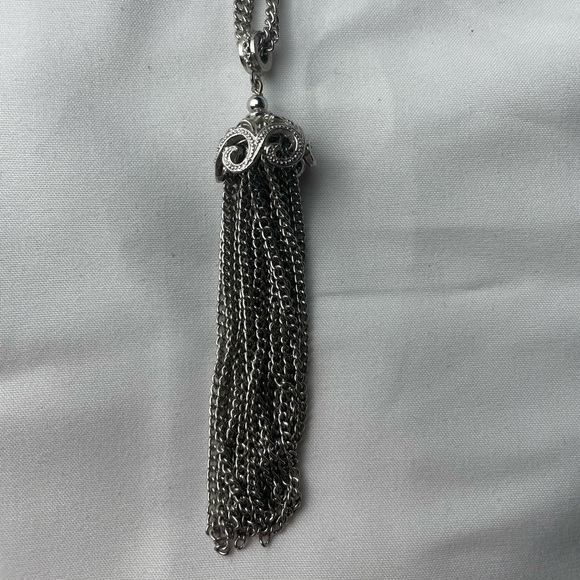 Vintage Signed Monet Silver Tone Double Strand Tassel Necklace - Picture 3 of 5